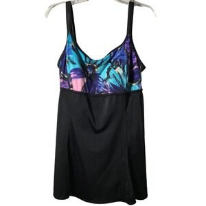Croft & Barrow Swimsuit Womens 16 One Piece Tropical Floral Black Swim Dress